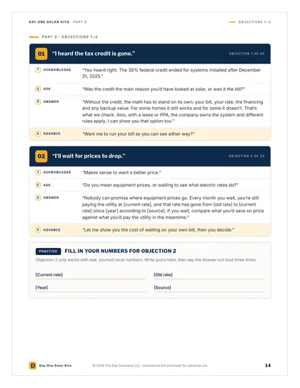 Part 3: objections 1-2, each with the 4A steps and a Next line